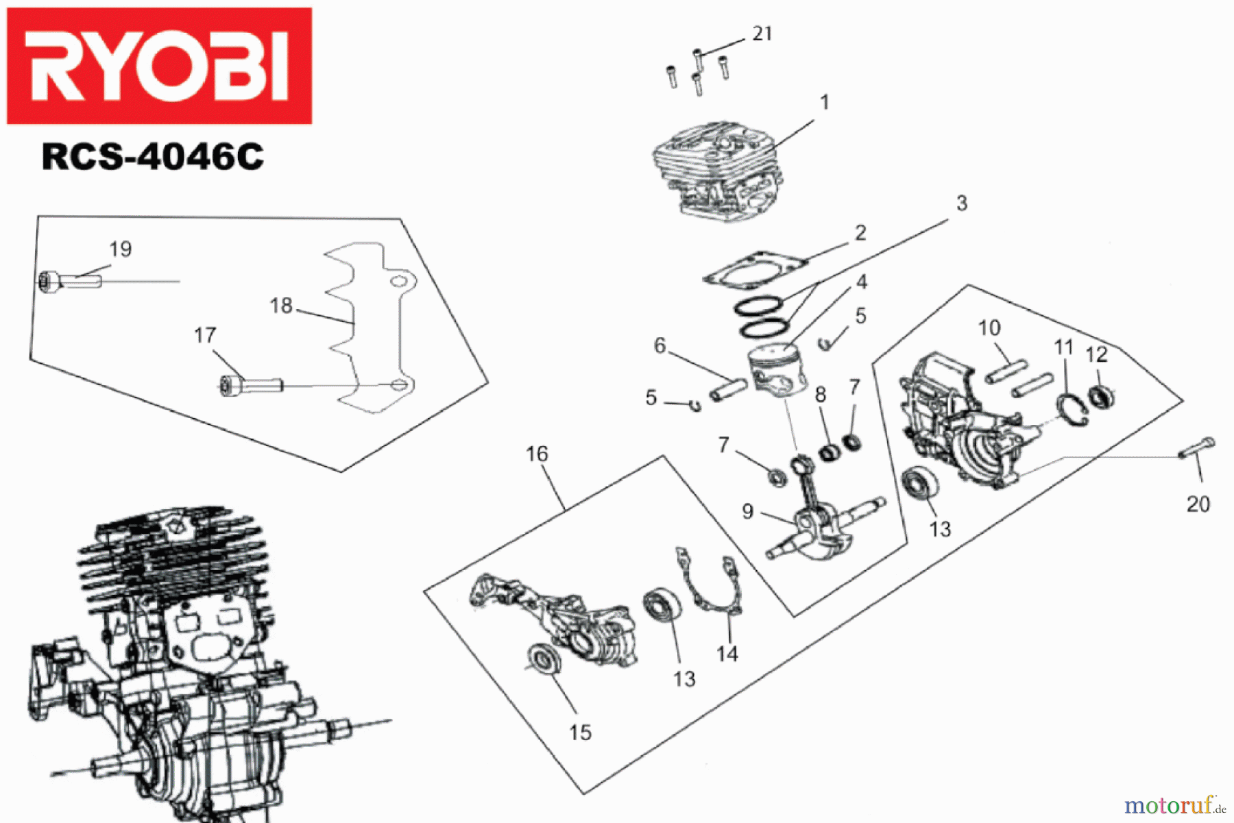  Ryobi Kettensägen Benzin RCS4046C Kurbelwelle, Zylinder