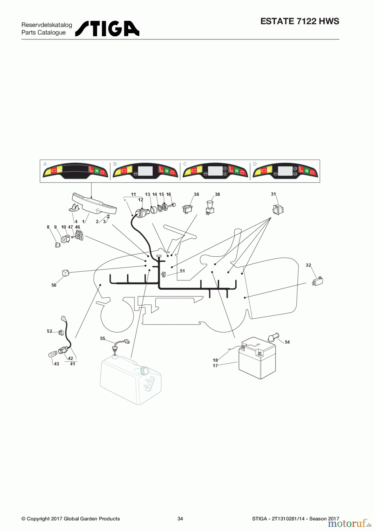  Stiga Aufsitzmäher Baujahr 2017 ESTATE 7122 HWS 2T1310281/14 - Season 2017 Electrical Parts