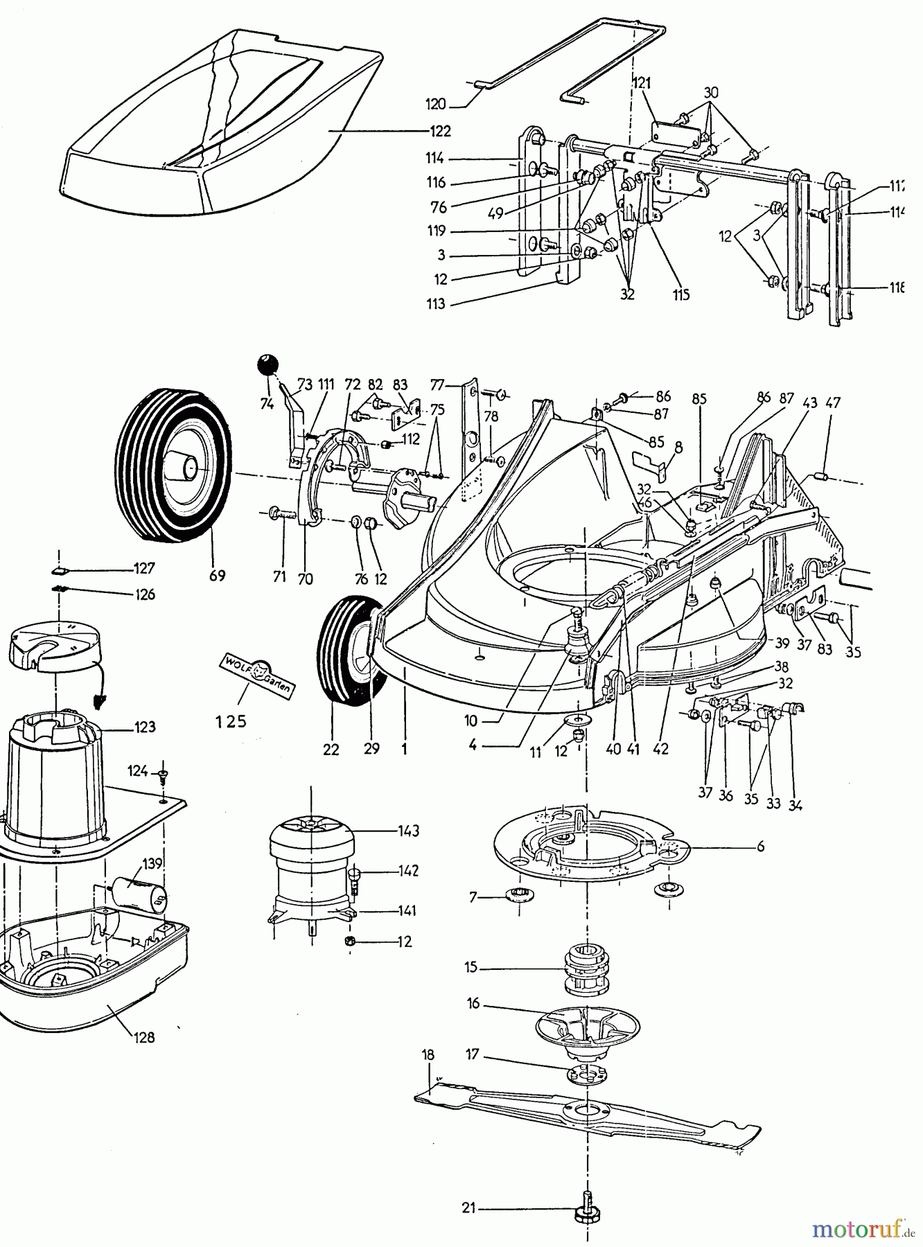  Wolf-Garten Elektromäher 4.46 E 6901000 Serie A  (1996) Elektromotor, Messer, Räder