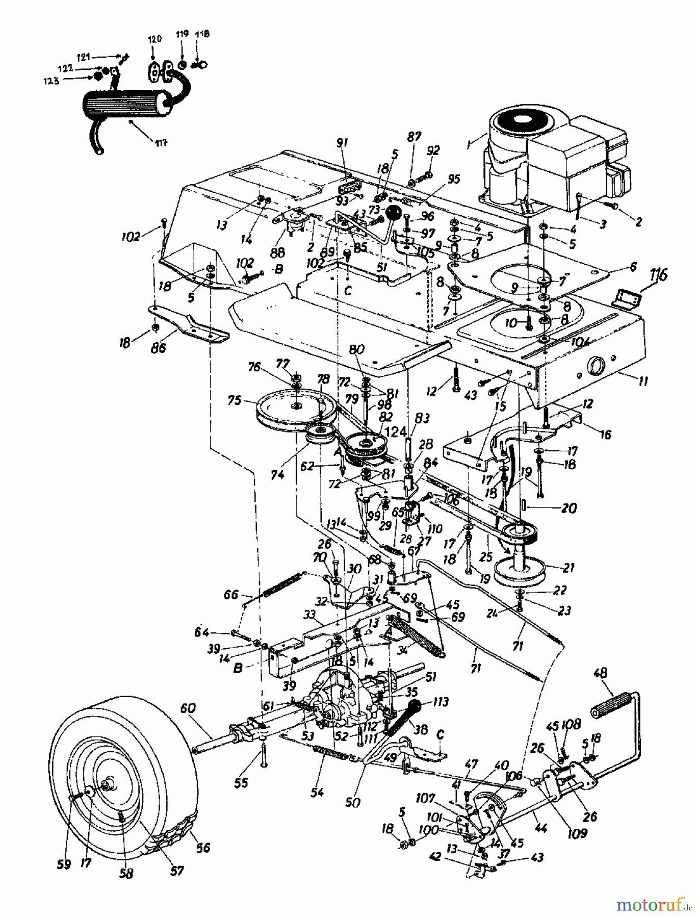  Columbia Rasentraktoren 111/960 137-6100  (1987) Fahrantrieb, Motorkeilriemenscheibe, Pedal, Räder hinten