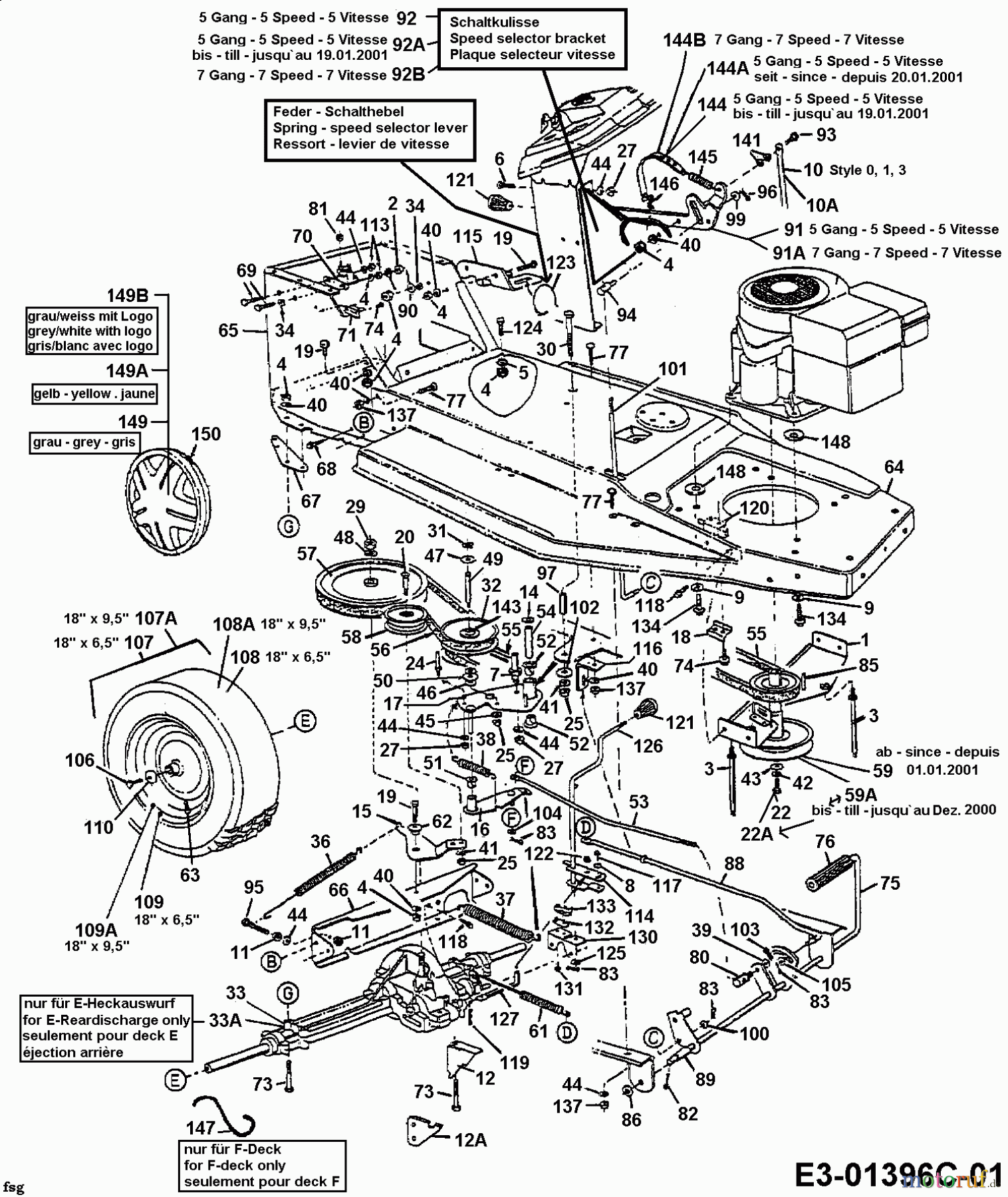  Bricobi Rasentraktoren BA 125191 13AL473F601  (2001) Fahrantrieb, Motorkeilriemenscheibe, Pedal, Räder hinten