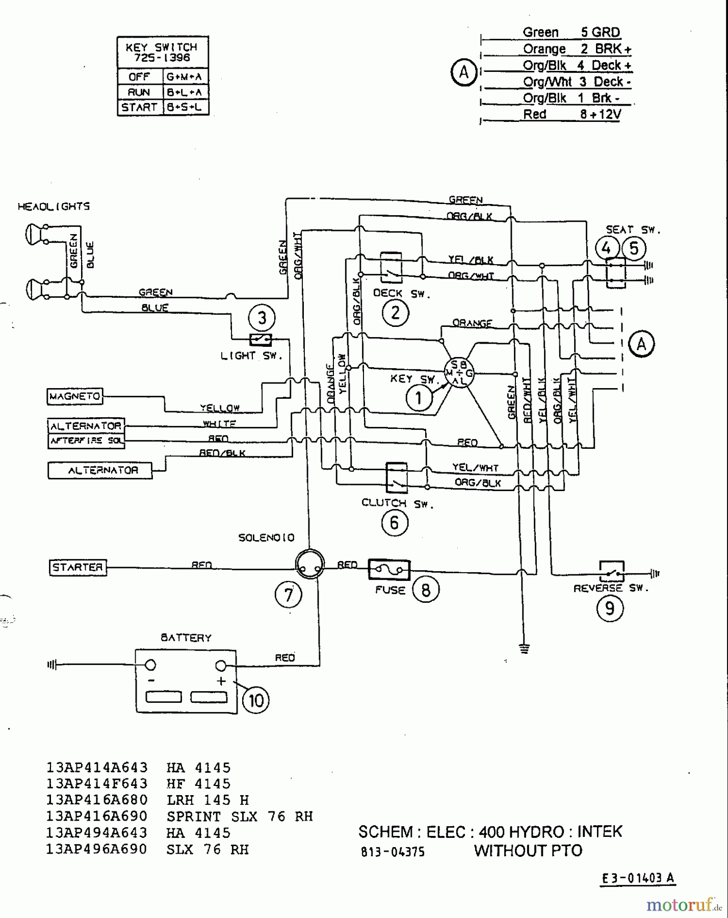  Gutbrod Rasentraktoren Sprint SLX 76 RH 13AP416A690  (2001) Schaltplan Intek ohne Elektromagnetkupplung