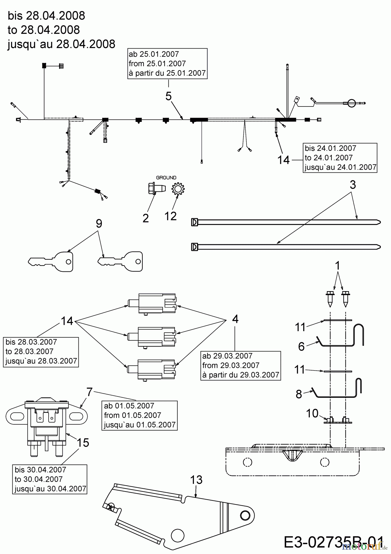  MTD ältere Modelle Rasentraktoren RS 155/107 13AM762G600  (2007) Elektroteile