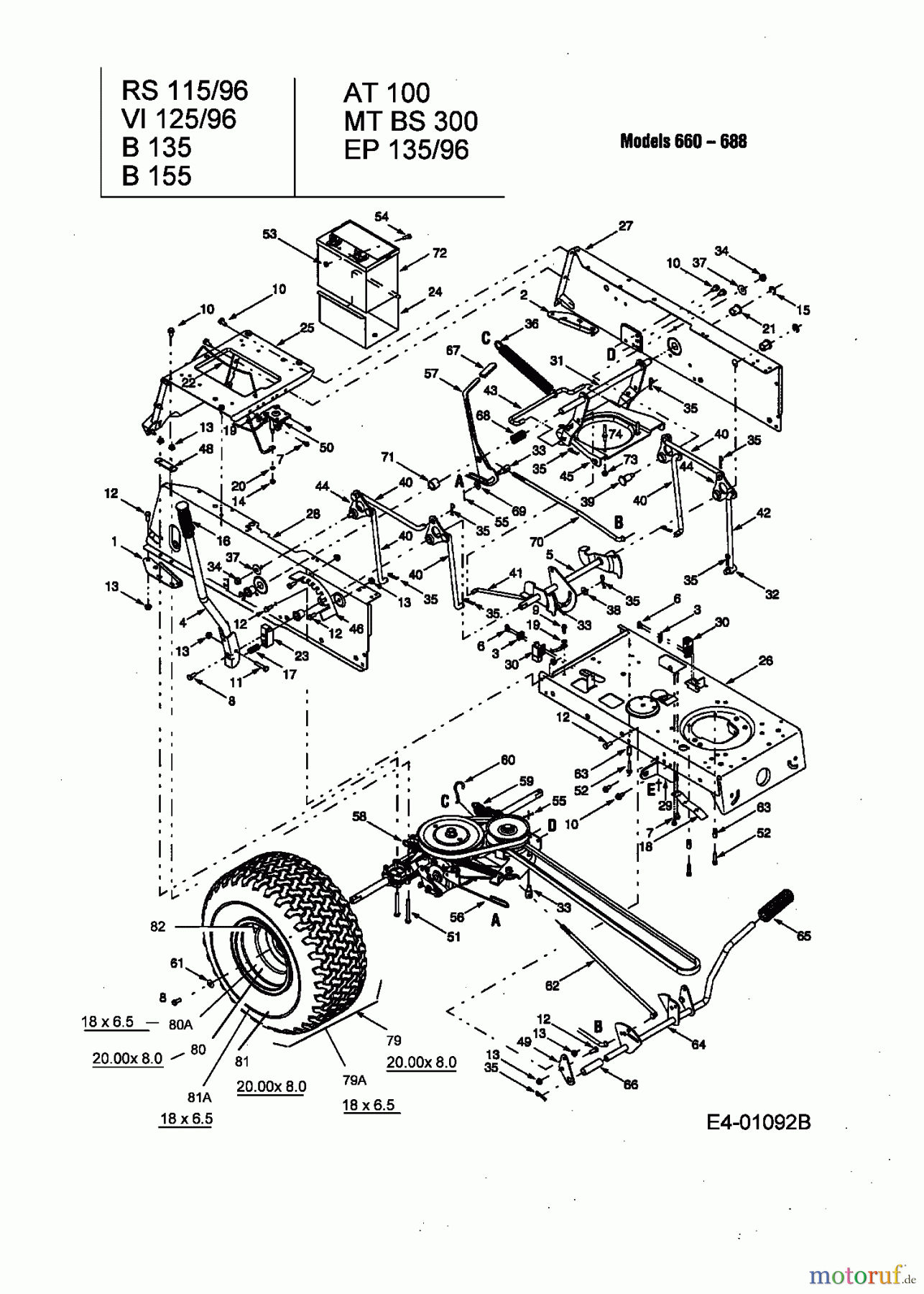  MTD ältere Modelle Rasentraktoren RS 115/96 13A1662F600  (2004) Fahrantrieb, Pedale, Räder hinten