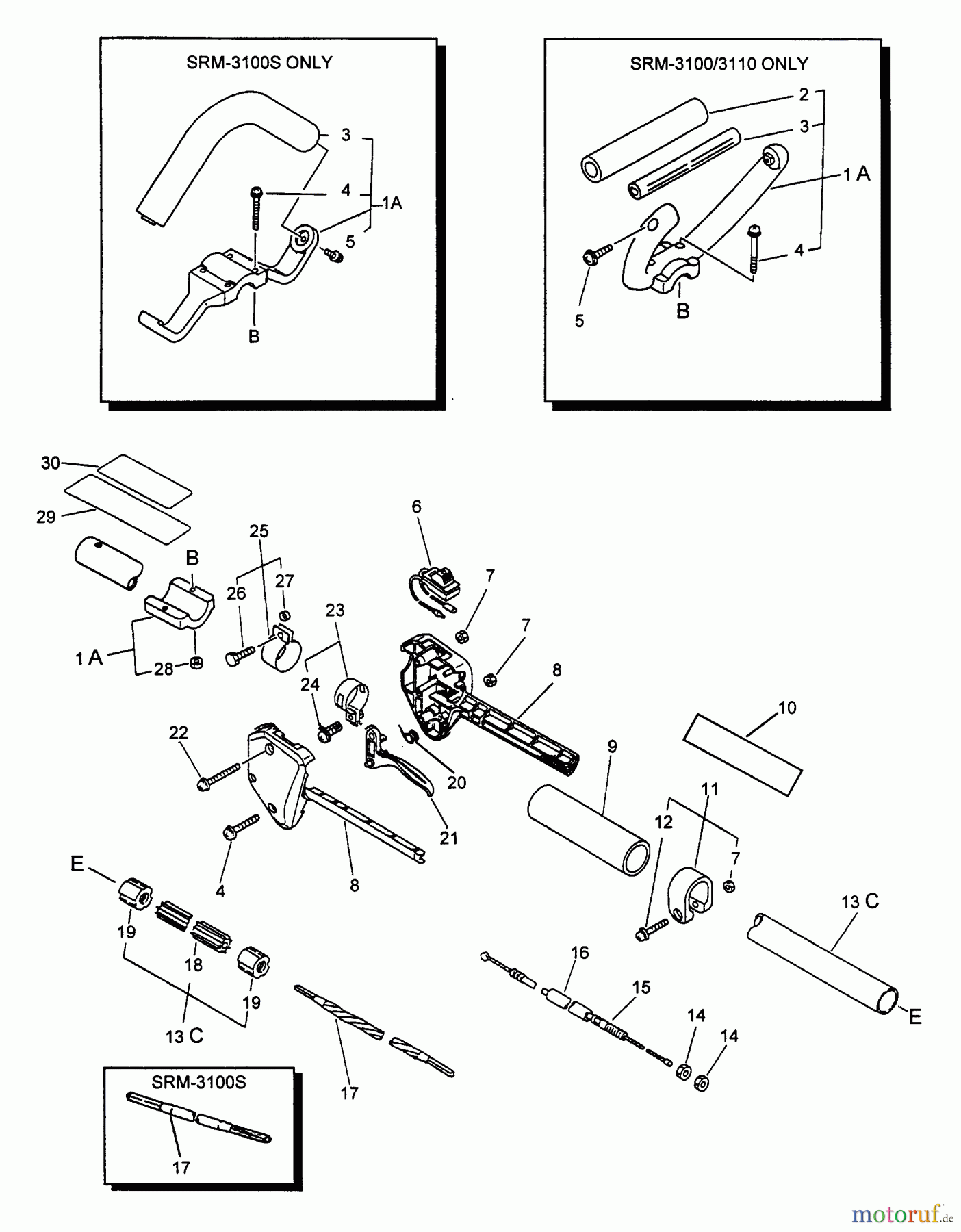 Echo Trimmer, Faden / Bürste SRM-3110 - Echo String Trimmer (Type 1E) Driveshaft, Handles, Throttle, Stop Switch