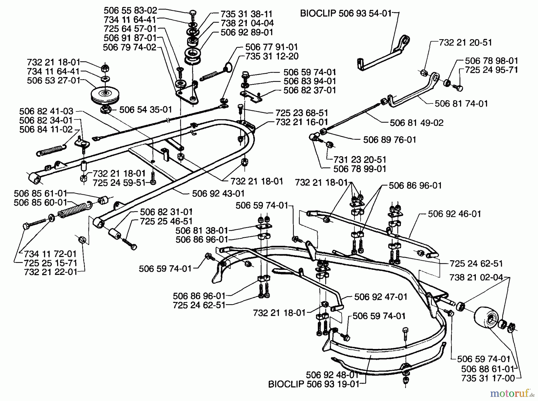  Husqvarna Reitermäher, Motor hinten Rider 1200 - Husqvarna Rear-Engine Rider (1996-08 to 1997-12) Frame And Pulley Assembly (R1000)