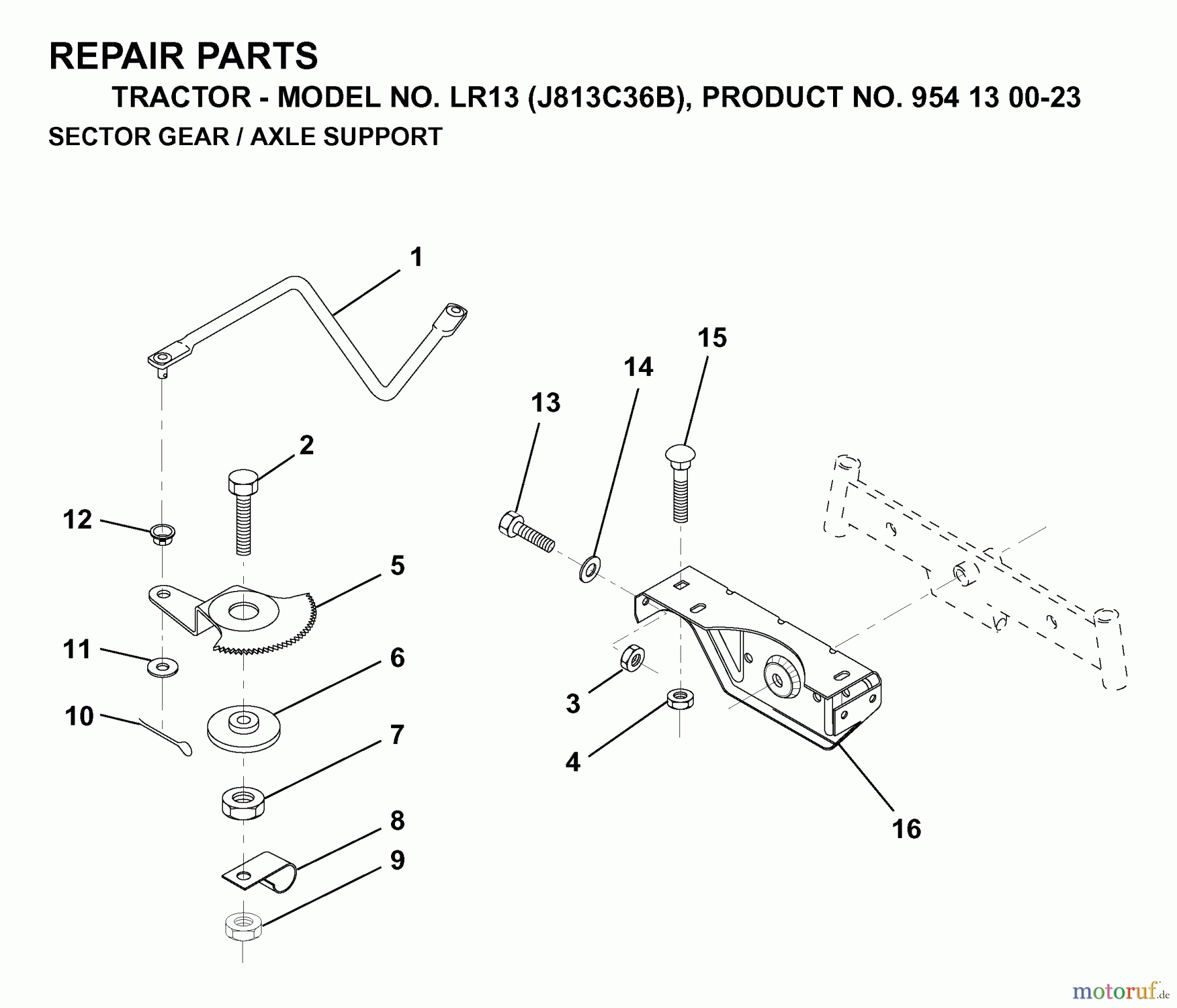  Jonsered Rasen  und Garten Traktoren LR13 (J813C36B, 954130023) - Jonsered Lawn & Garden Tractor (1998-12) SECTOR GEAR / AXLE SUPPORT