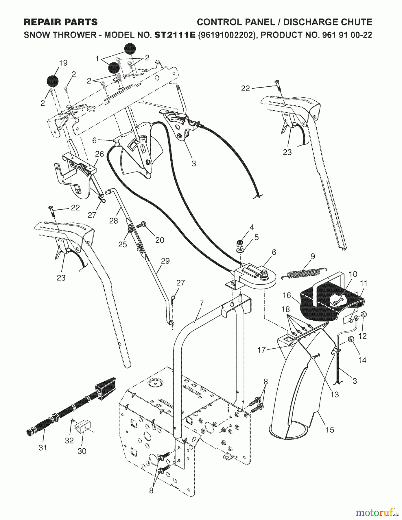  Jonsered Schneefräsen ST 2111 E (96191002202) - Jonsered Snow Thrower (2007-10) CONTROL PANEL DISCHARGE CHUTE