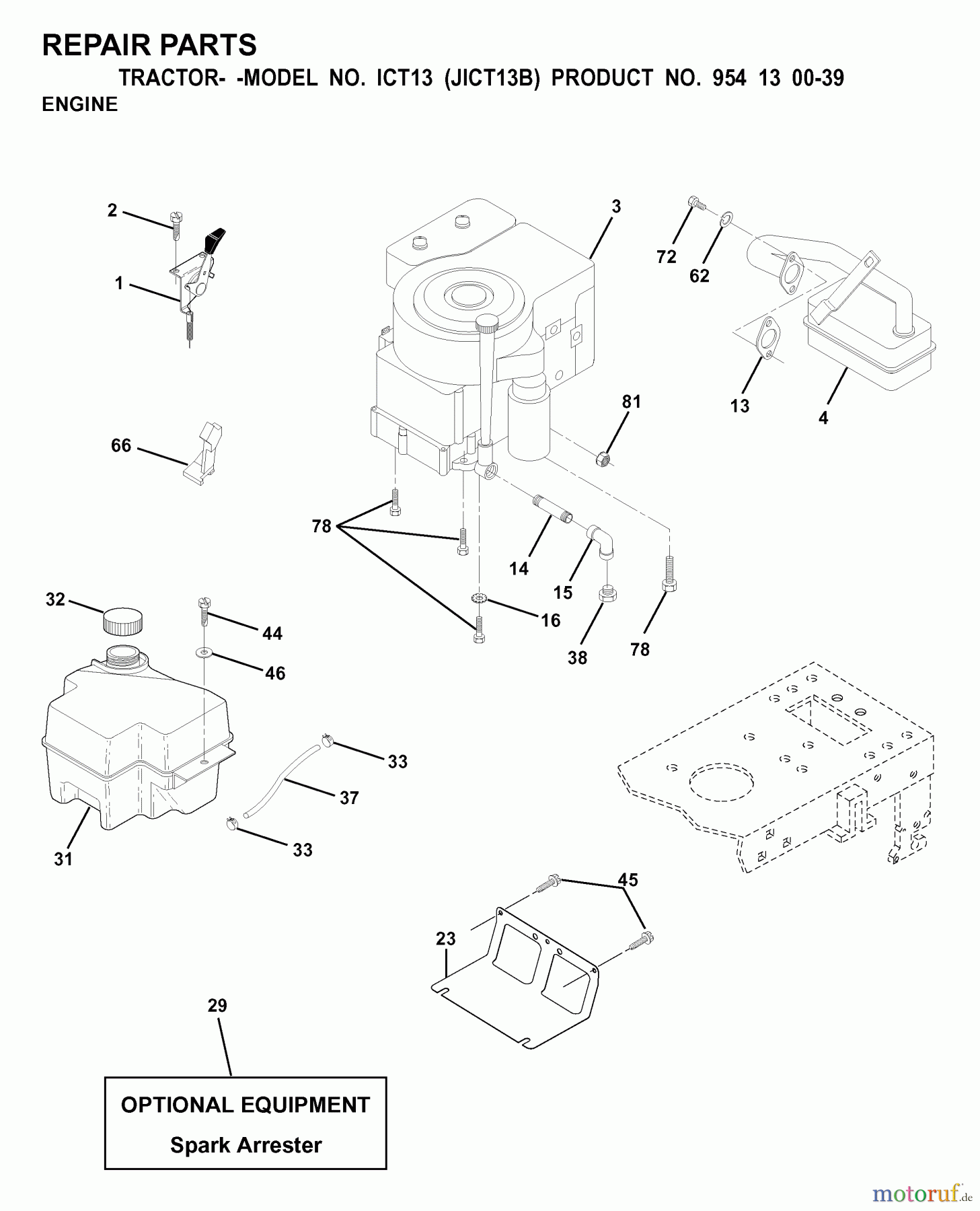  Jonsered Rasen  und Garten Traktoren ICT13 (JICT13B, 954130039) - Jonsered Lawn & Garden Tractor (2000-02) ENGINE CUTTING EQUIPMENT