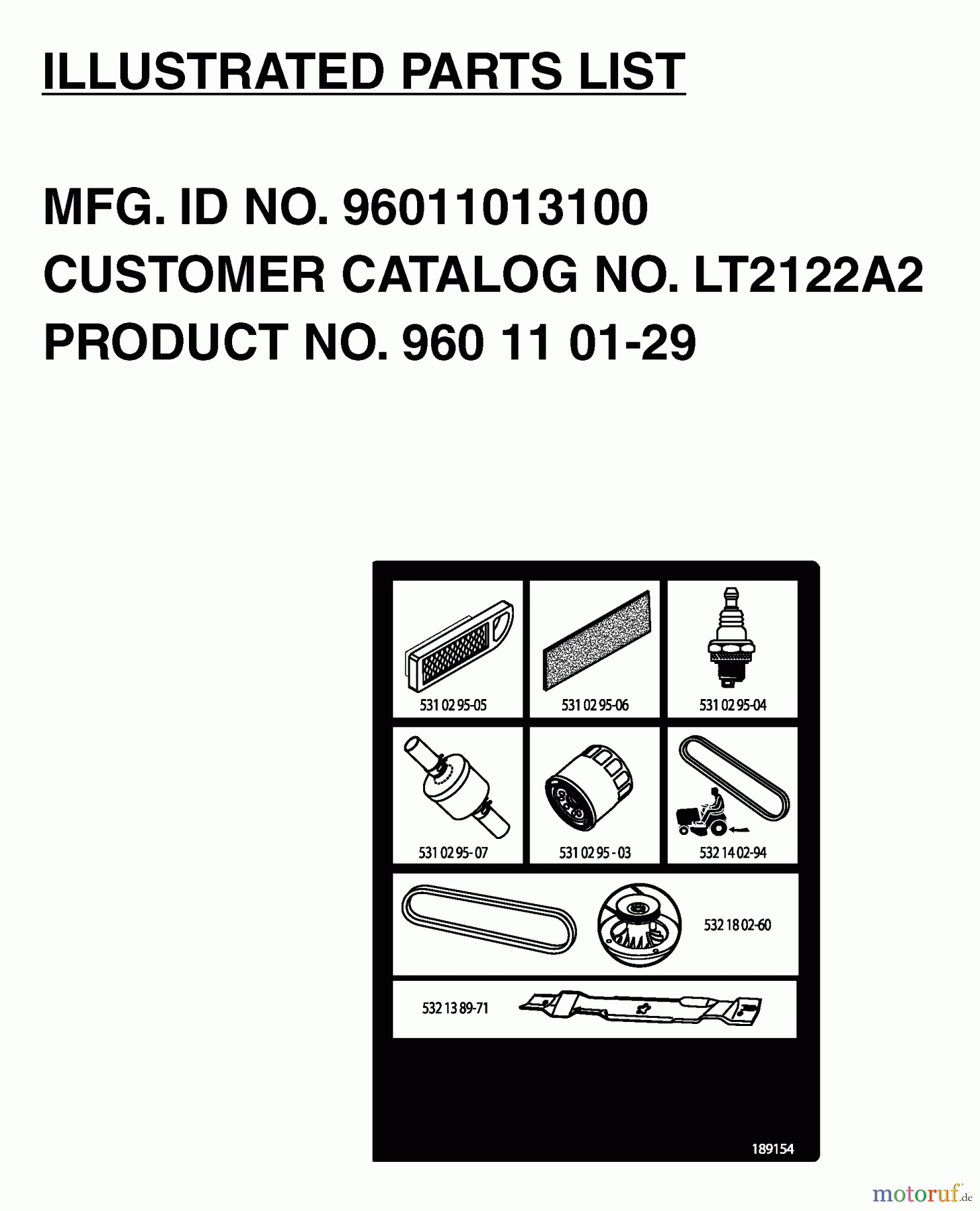 Jonsered Rasen und Garten Traktoren LT2122 A2 (96011013100) - Jonsered Lawn & Garden Tractor (2006-04) FREQUENTLY USED PARTS