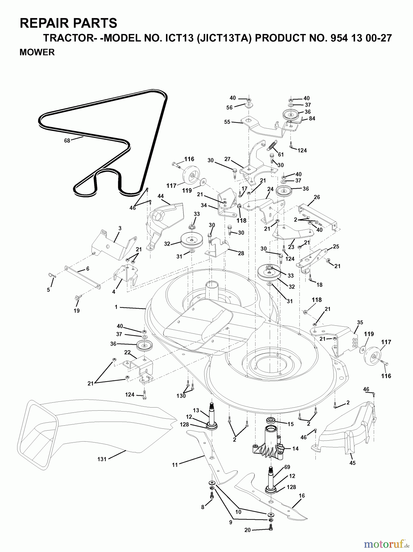  Jonsered Rasen  und Garten Traktoren ICT13 (JICT13TA, 954130027) - Jonsered Lawn & Garden Tractor (1999-03) MOWER DECK / CUTTING DECK