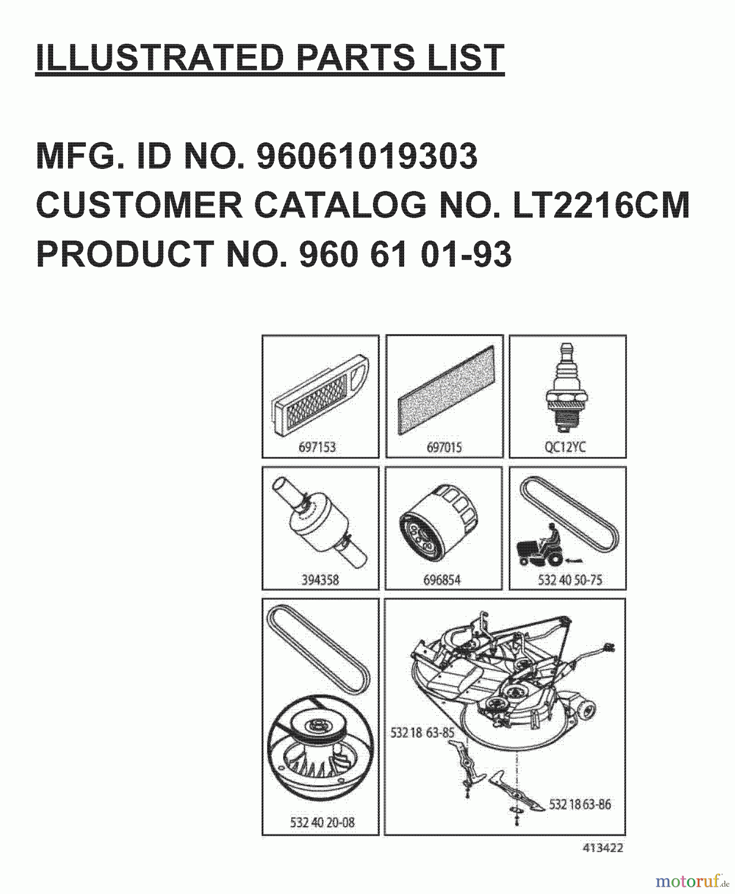  Jonsered Rasen  und Garten Traktoren LT2216 CM (96061019303) - Jonsered Lawn & Garden Tractor (2007-09) FREQUENTLY USED PARTS