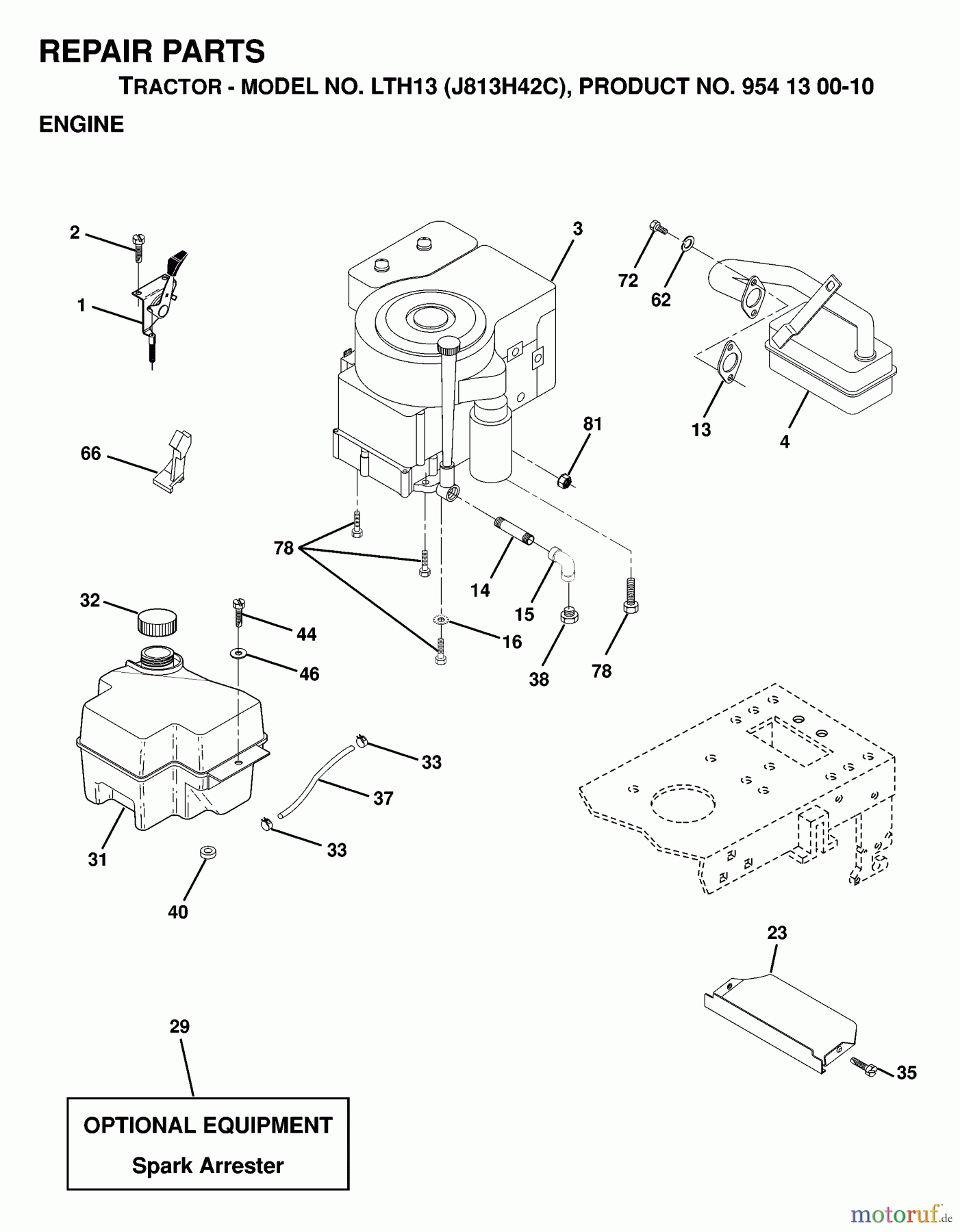 Jonsered Rasen und Garten Traktoren LTH13 (J813H42C, 954130010) - Jonsered Lawn & Garden Tractor (1998-12) ENGINE CUTTING EQUIPMENT