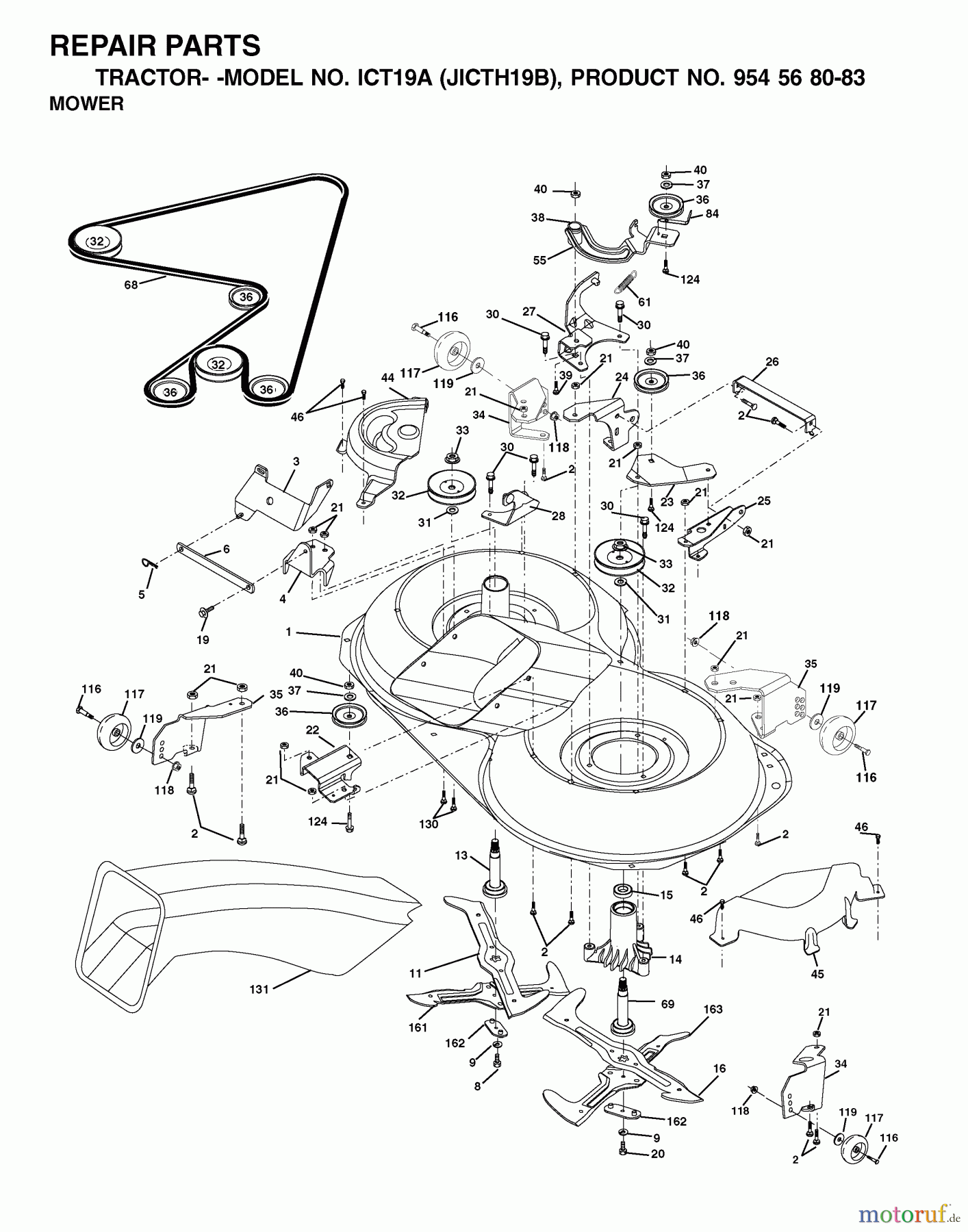  Jonsered Rasen  und Garten Traktoren ICT19A (JICTH19B, 954568083) - Jonsered Lawn & Garden Tractor (2002-03) MOWER DECK / CUTTING DECK