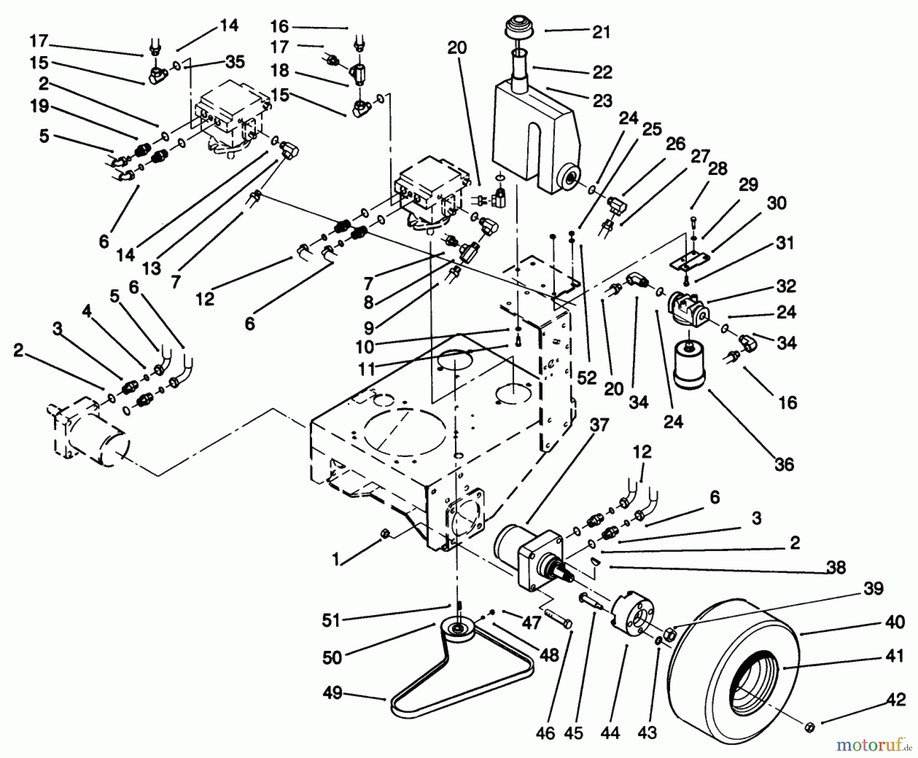 Toro Neu Mowers, Drive Unit Only 30185 - Toro Mid-Size Proline Hydro Traction Unit, 14 hp, 1991 (10000001-19999999) WHEEL ASSEMBLY & HYDRAULIC COMPONENTS
