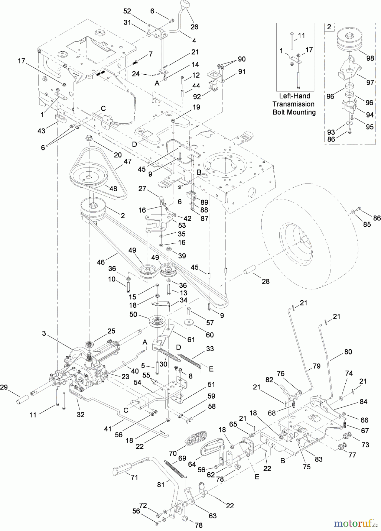 Toro Neu Mowers, Lawn & Garden Tractor Seite 1 13AL60RG048 (LX426) - Toro LX426 Lawn Tractor, 2008 (SN 1L107H10100-) TRANSIMISSION, BRAKE AND TRACTION PEDAL ASSEMBLY