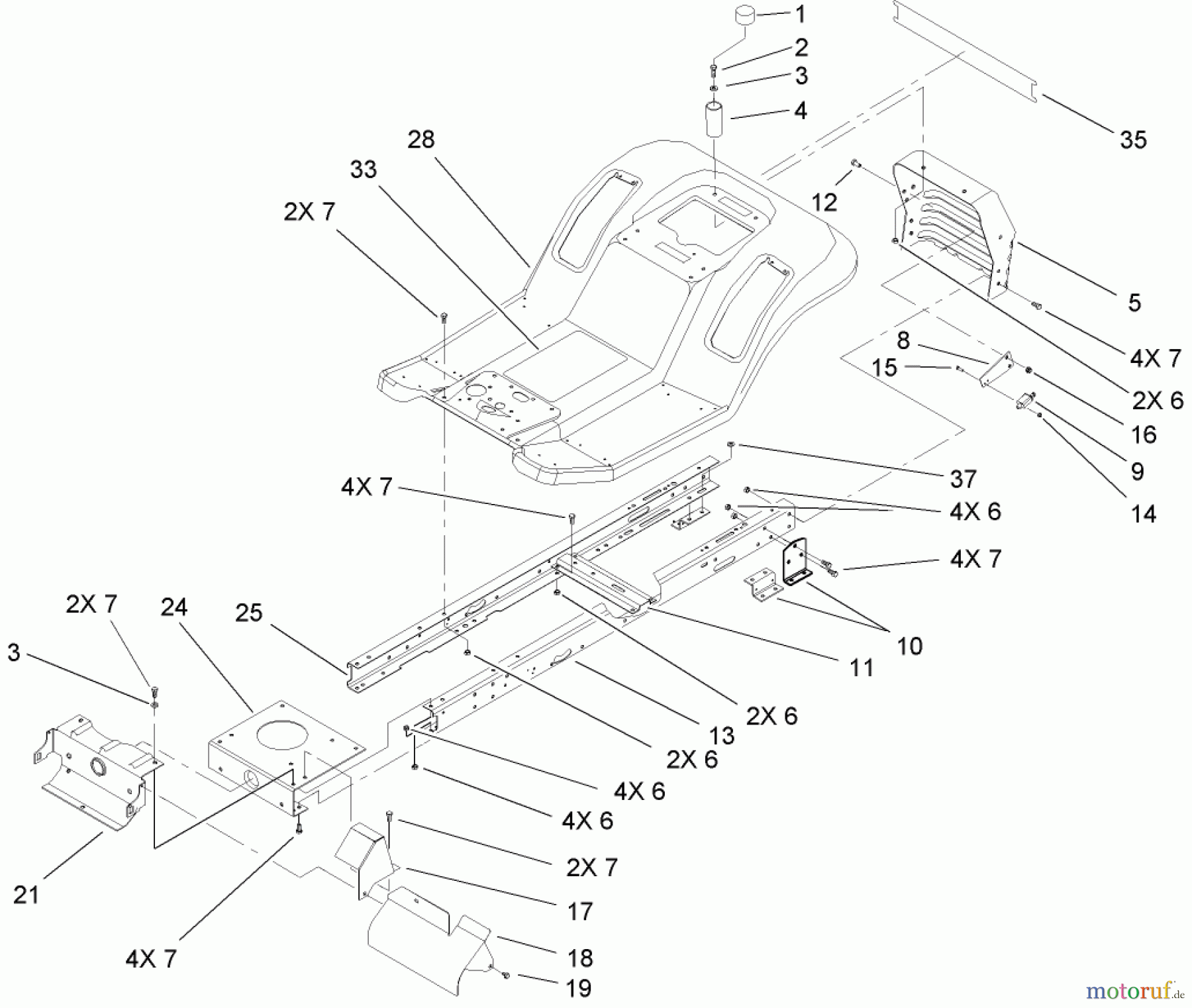 Toro Neu Mowers, Lawn & Garden Tractor Seite 1 71199 (12-32XL) - Toro 12-32XL Lawn Tractor, 2003 (230000001-230999999) FRAME AND REAR BODY ASSEMBLY