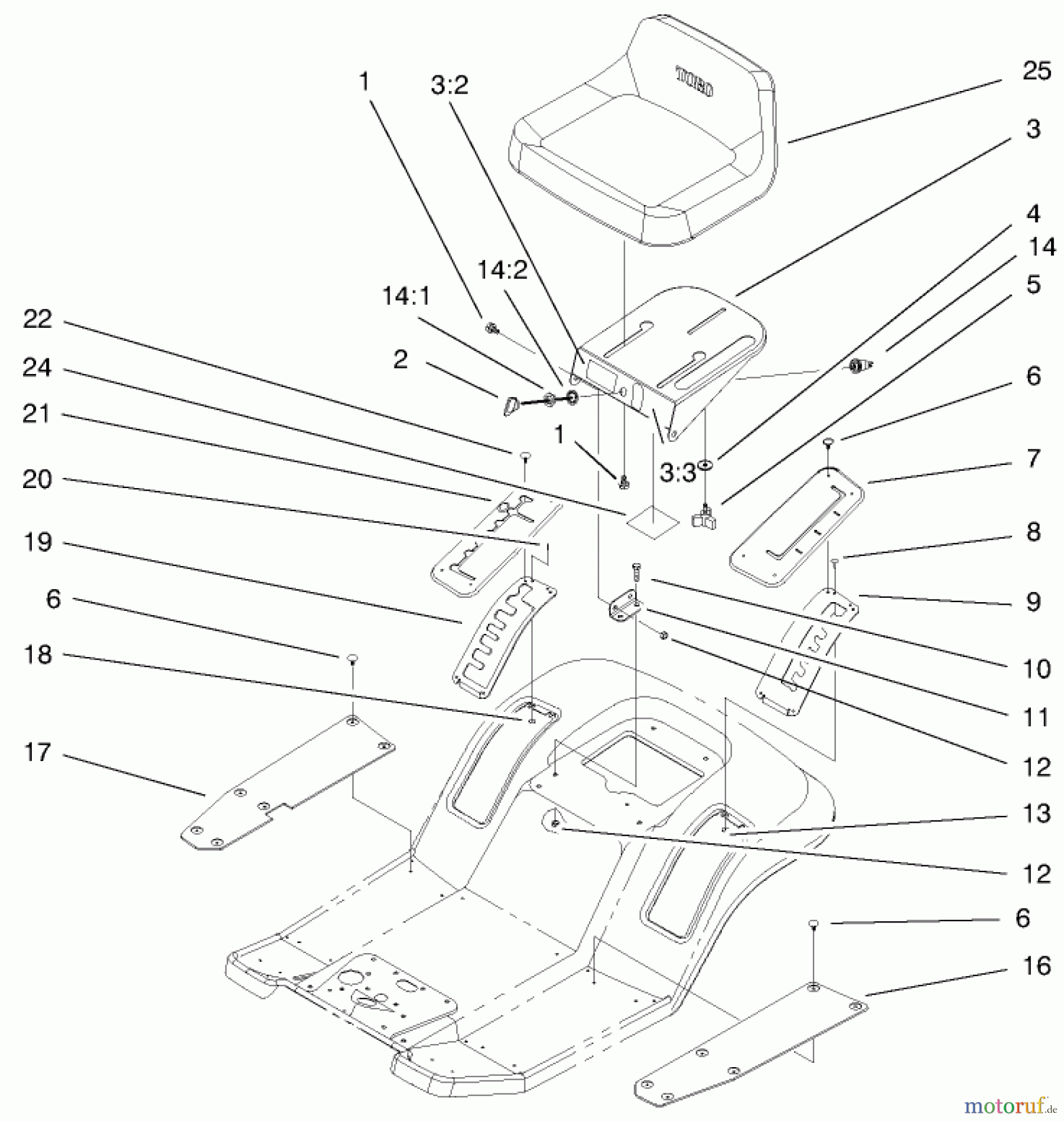 Toro Neu Mowers, Lawn & Garden Tractor Seite 1 71209 (13-32XLE) - Toro 13-32XLE Lawn Tractor, 1999 (9900001-9999999) REAR BODY & SEAT ASSEMBLY