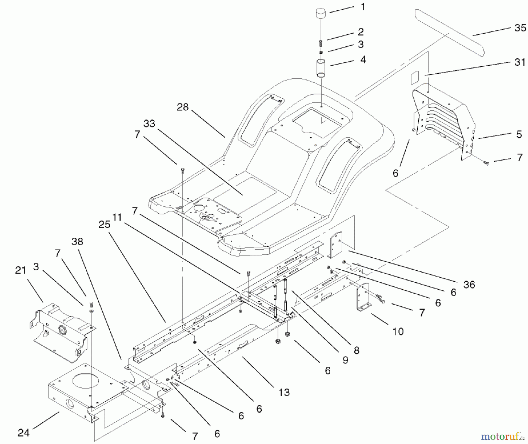 Toro Neu Mowers, Lawn & Garden Tractor Seite 1 71228 (17-44HXL) - Toro 17-44HXL Lawn Tractor, 2002 (220000001-220010000) FRAME AND BODY ASSEMBLY