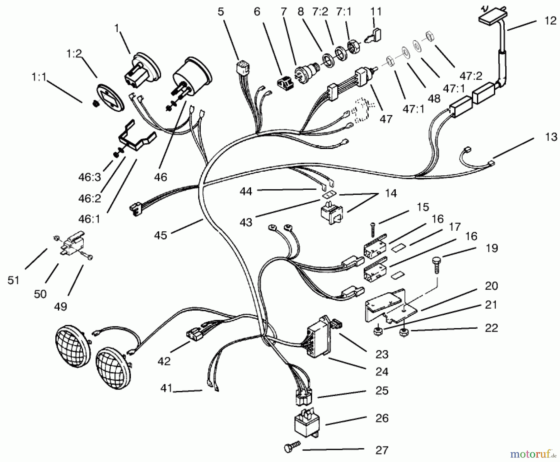 Toro Neu Mowers, Lawn & Garden Tractor Seite 1 73422 (416-8) - Toro 416-8 Garden Tractor, 1997 (7900001-7999999) 416-8 WIRE HARNESS ATTACHMENT & COMPONENT-S