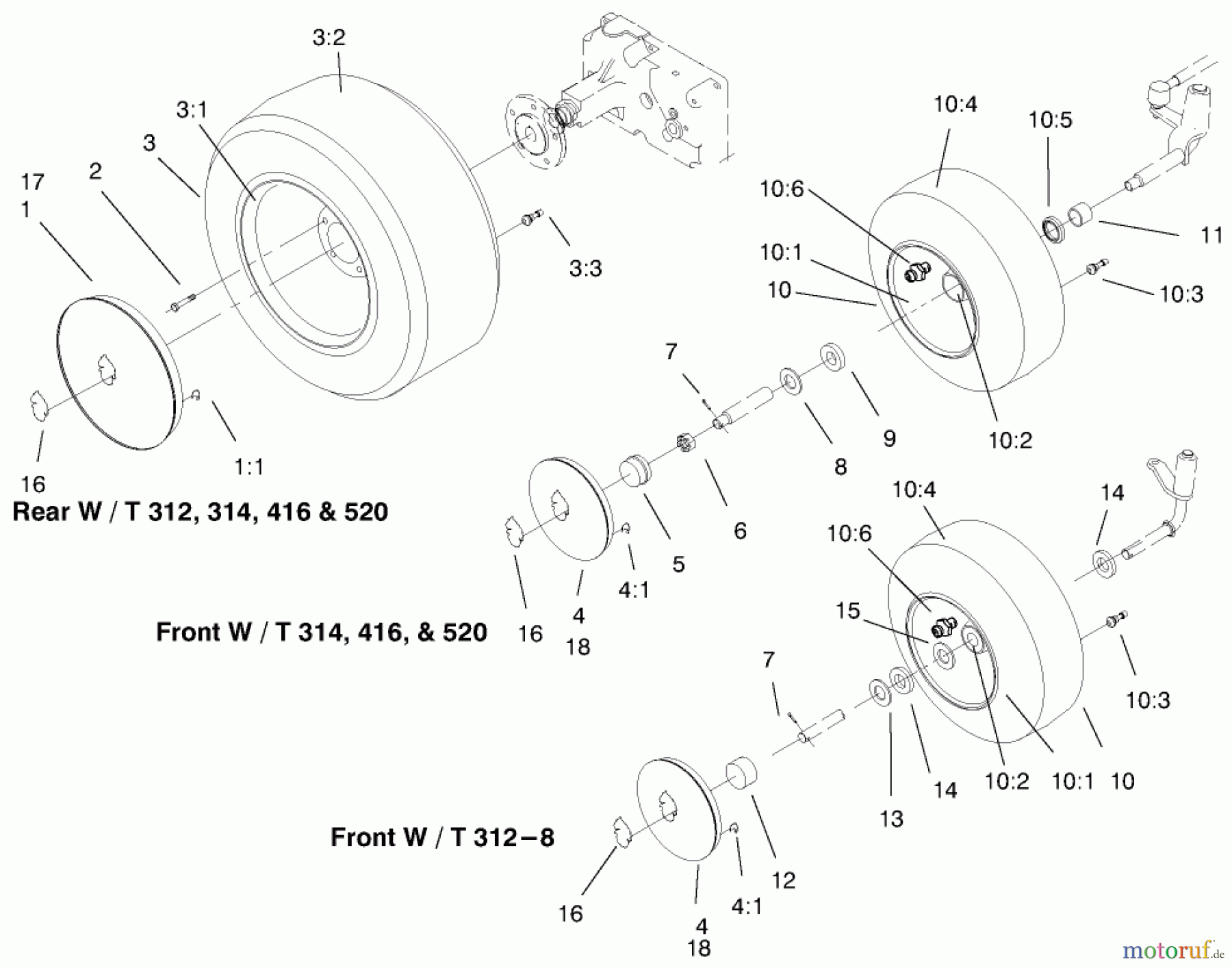 Toro Neu Mowers, Lawn & Garden Tractor Seite 1 73422 (416-8) - Toro 416-8 Garden Tractor, 1997 (7900001-7999999) WHEEL ASSEMBLIES