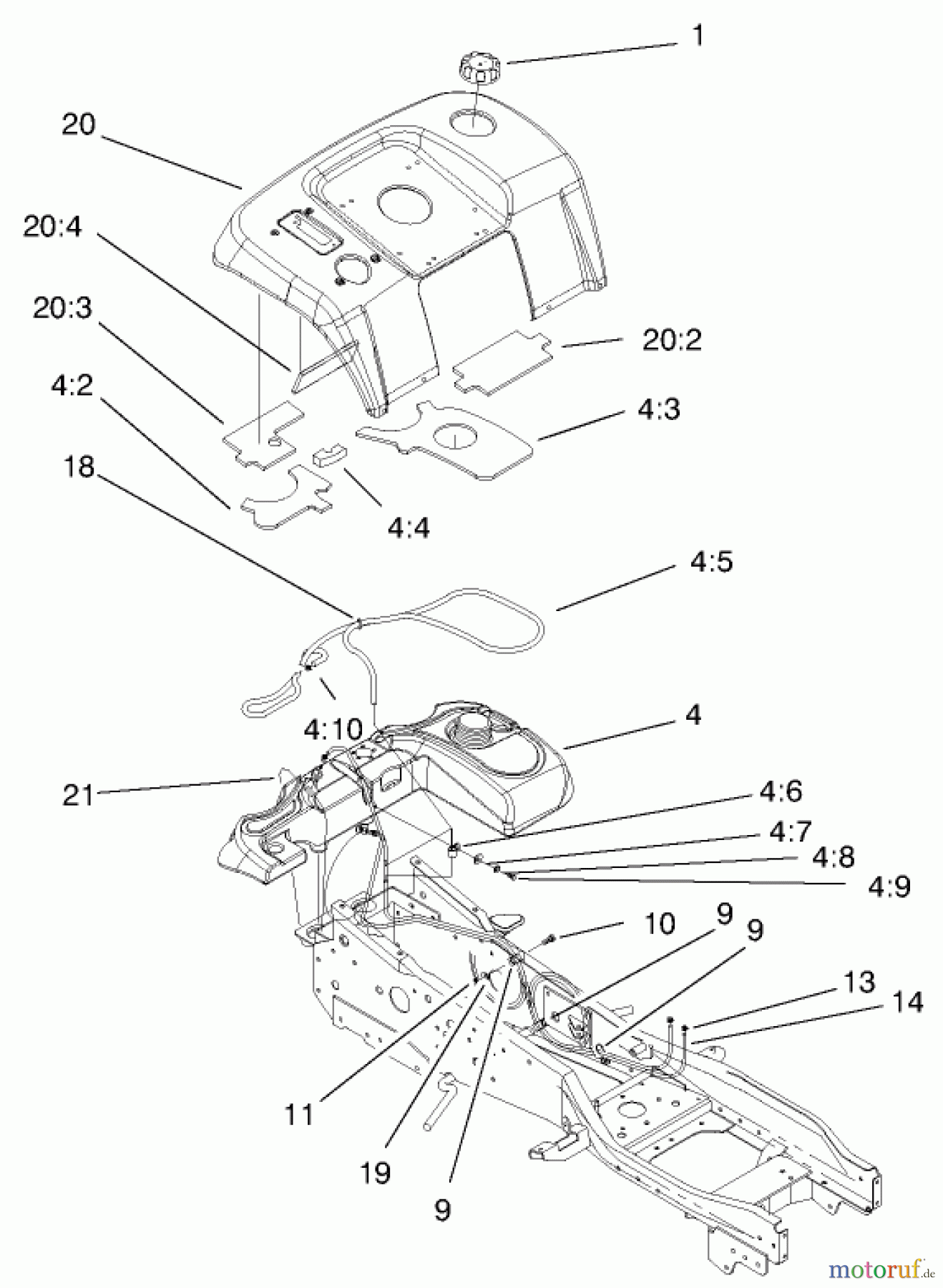 Toro Neu Mowers, Lawn & Garden Tractor Seite 1 73580 (520Lxi) - Toro 520Lxi Garden Tractor, 1999 (9900001-9999999) FENDER & FUEL SYSTEM ASSEMBLY