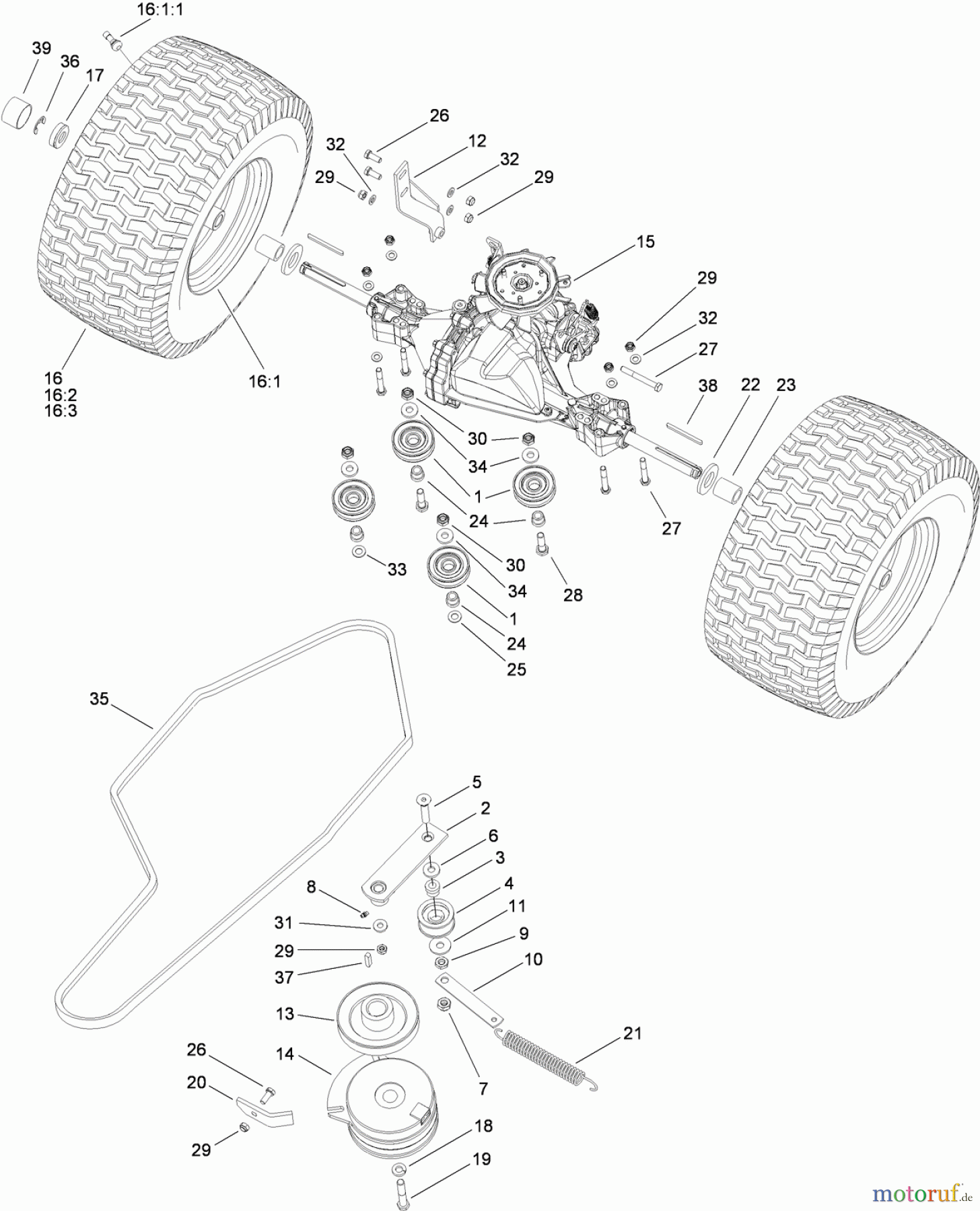 Toro Neu Mowers, Lawn & Garden Tractor Seite 1 74560 (DH 140) - Toro DH 140 Lawn Tractor, 2010 (310000001-310999999) TRANSMISSION, BELT, CLUTCH AND REAR WHEEL ASSEMBLY