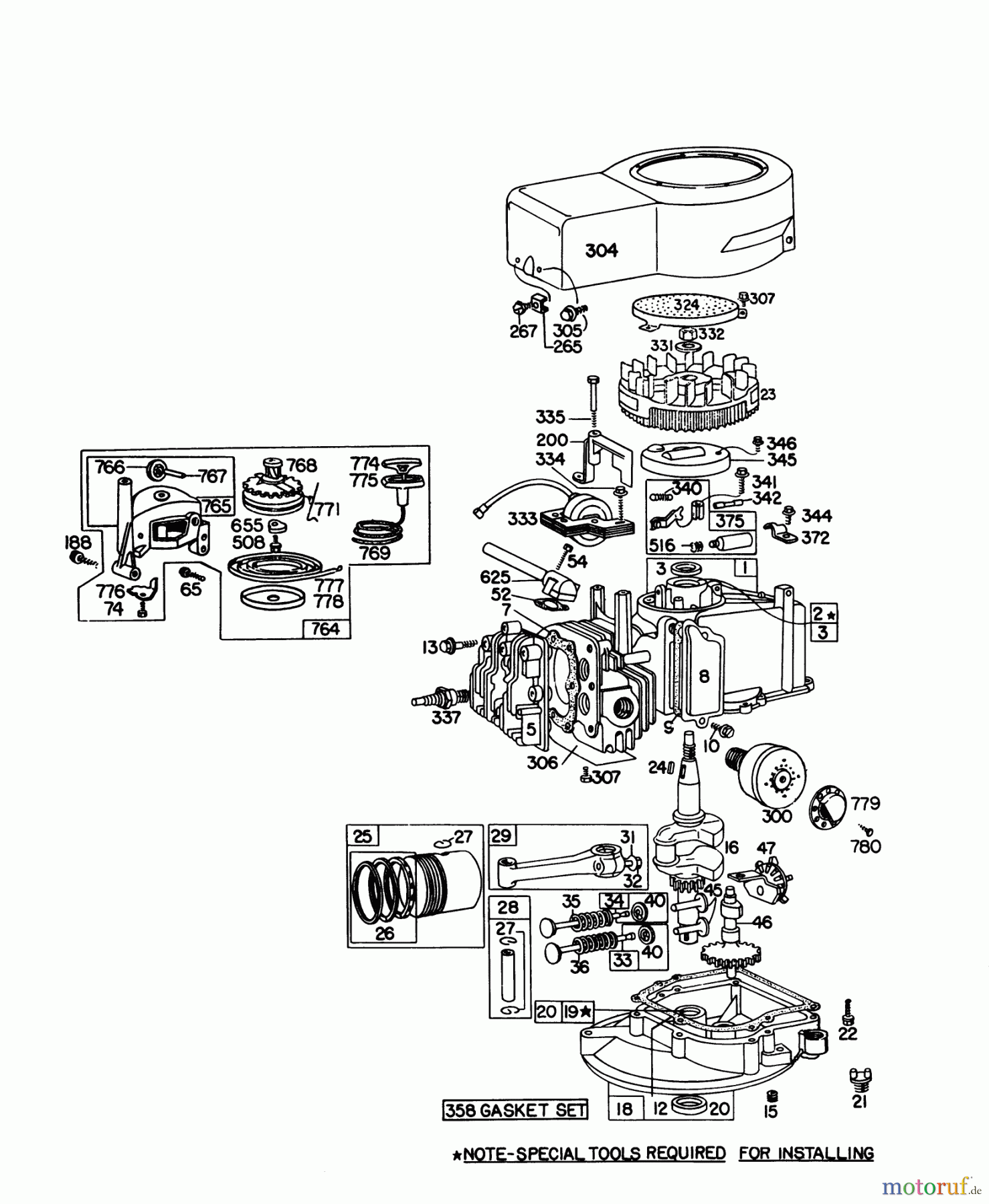  Toro Neu Mowers, Walk-Behind Seite 1 16155 - Toro Whirlwind II Lawnmower, 1978 (8000001-8999999) ENGINE BRIGGS & STRATTON MODEL 92908-1931-01 FOR 21