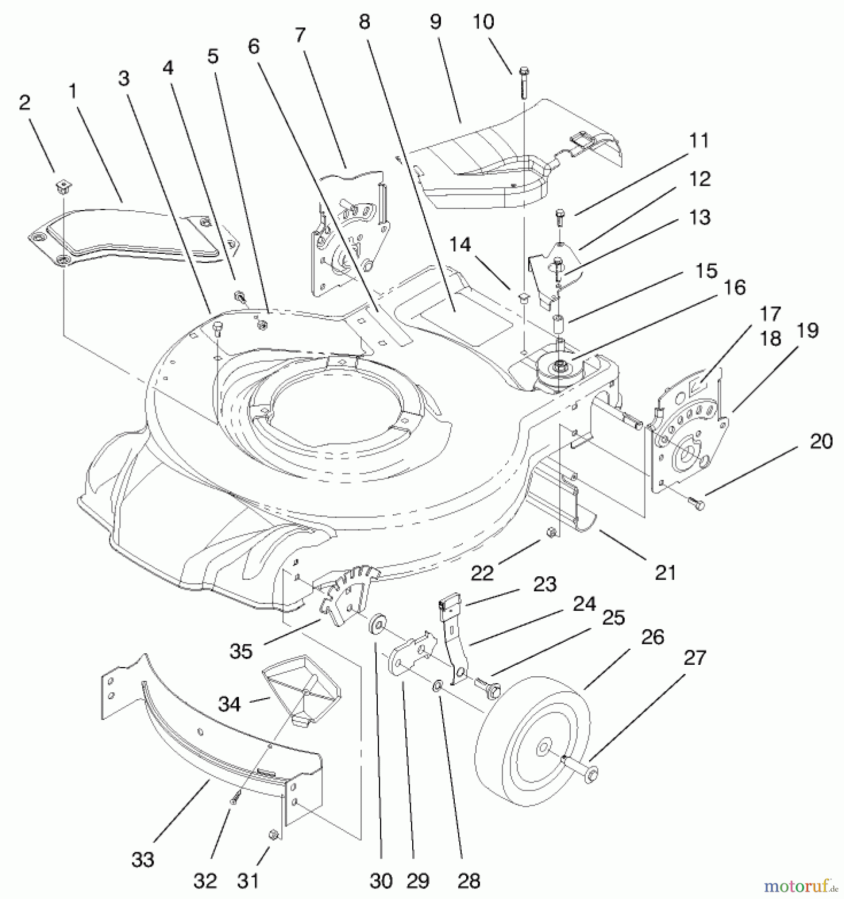  Toro Neu Mowers, Walk-Behind Seite 1 20023 (R-21SB) - Toro Recycler Mower, R-21SB, 2000 (200000001-200999999) HOUSING, HANDLE BRACKETS, & WHEEL ASSEMBLY