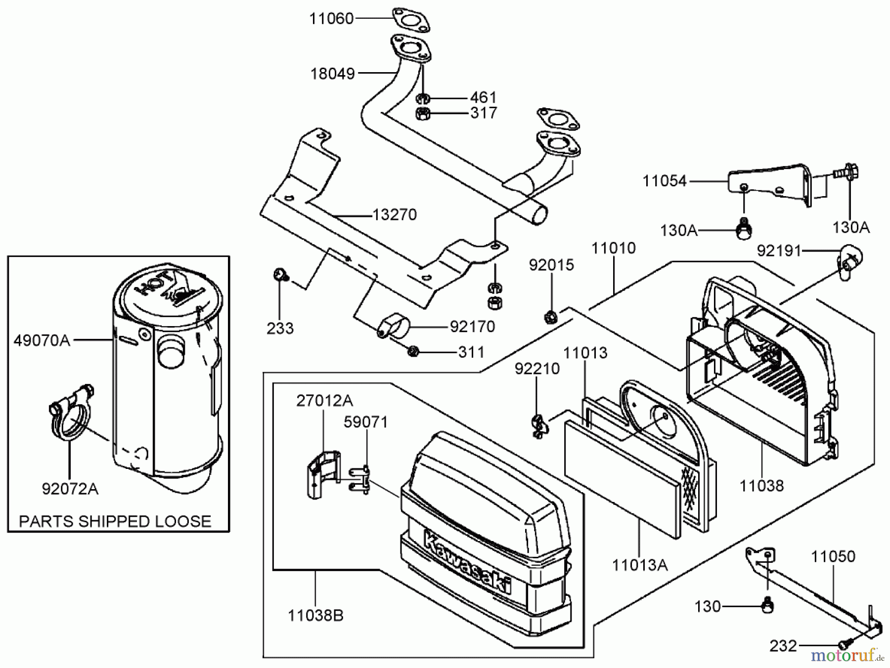  Toro Neu Mowers, Zero-Turn 74406 (ZX440) - Toro TimeCutter ZX440 Riding Mower, 2006 (260000241-260999999) AIR FILTER AND MUFFLER ASSEMBLY KAWASAKI FH541V-BS50-R