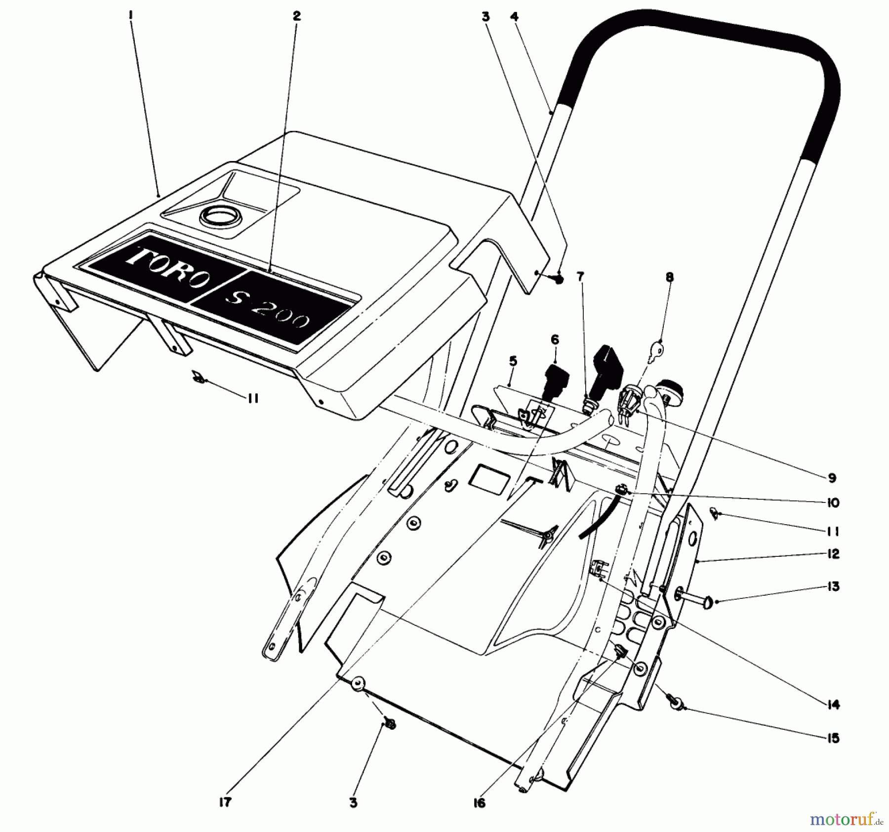  Toro Neu Snow Blowers/Snow Throwers Seite 1 38232 (S-200) - Toro S-200 Snowthrower, 1985 (5000001-5999999) SHROUD & HANDLE ASSEMBLY