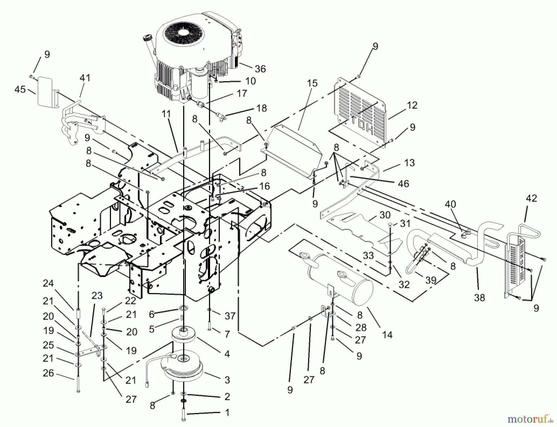 Zerto-Turn Mäher 74176TE (Z147) - Toro Z Master Mower, 112cm SFS Side Discharge Deck (SN: 230007001 - 230999999) (2003) ENGINE AND CLUTCH ASSEMBLY